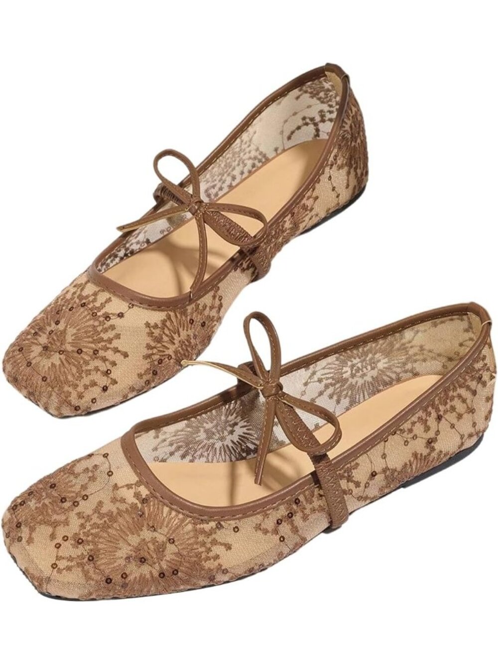 Women's Light Brown Polka Dots Mesh Ballet Flat Cute Lace Ballerina Casual Shoes
